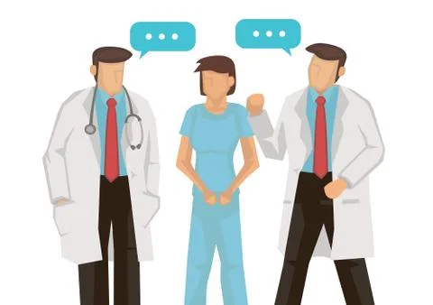 Medics, nurses or doctors talking at hospital. Hospital colleagues teamwork c Illustrazione stock