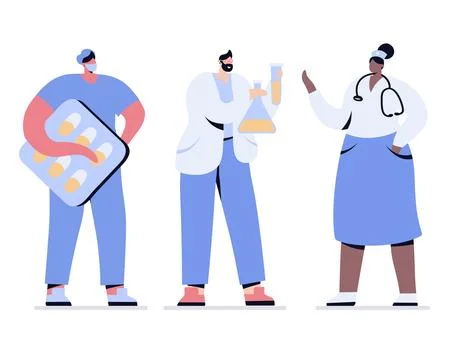 Medics people vector doctors and nurses doctor with capsules Stock Illustration