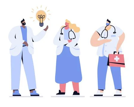 Medics people vector doctors and nurses doctor with light bulb Stock Illustration