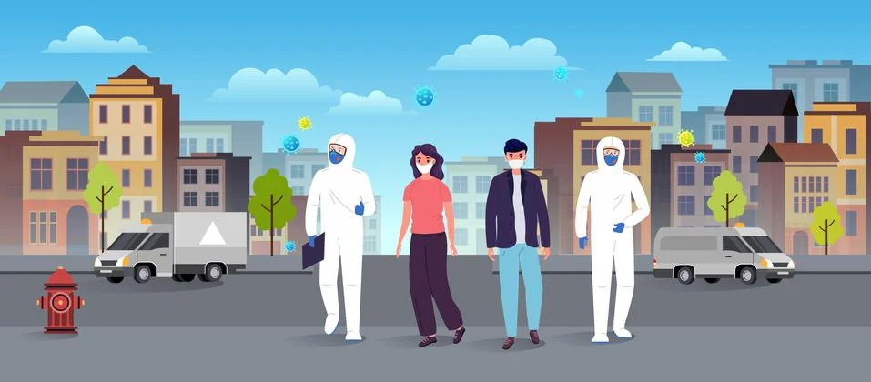 Medics in protective suits help people Stock Illustration