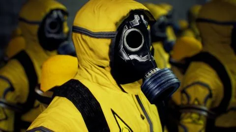 Medics in yellow protective suits lined up before the start of the working day Stock Illustration
