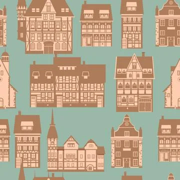 Medieaval Old city seamless pattern, flat style. Autumn landscape city 스톡 일러스트