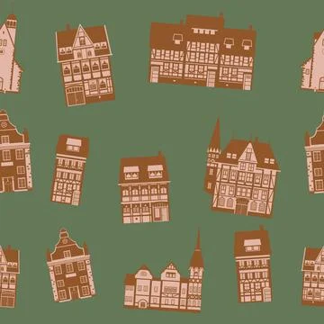 Medieaval Old city seamless pattern, flat style. Autumn landscape city 스톡 일러스트