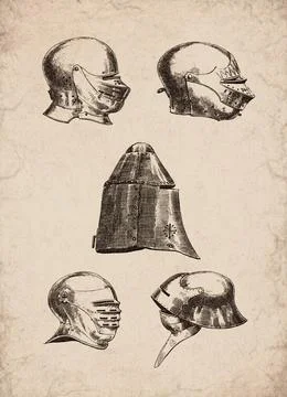 Medieval and Renaissance Helmets and Visors Historical Engraving Stock Illustration