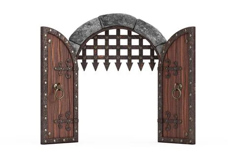 Medieval Arch Stone Blocks Castle Gate with Metal Lattice. 3d Rendering Stock Illustration