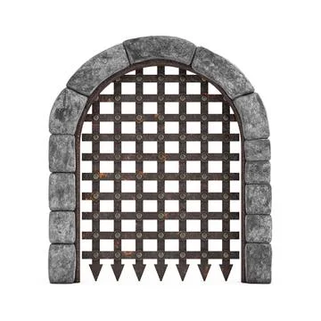 Medieval Arch Stone Blocks Castle Gate with Metal Lattice. 3d Rendering Stock Illustration