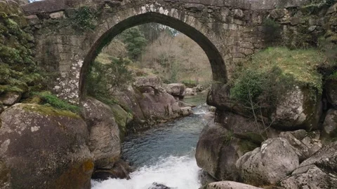 Medieval Arch Stone Bridge Over Almofrei River Stock Footage 304662654