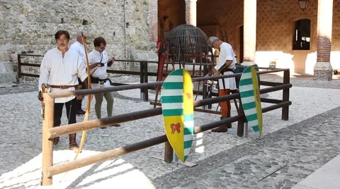 Medieval archery inside Marostica lower castle (Castello Inferiore) Stock Footage 66964125