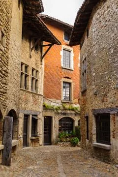 Medieval architecture of Perouges, France, a walled town, a popular touristic Stock Photos