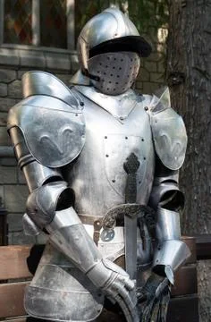 Medieval armor in front of a castle. Foto stock