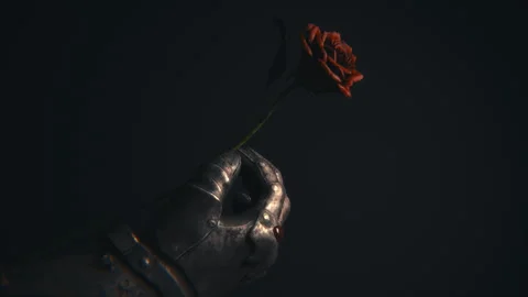 Medieval Armored Gauntlet Holding Red Rose With Falling Blood Drop Stock Footage 329050070