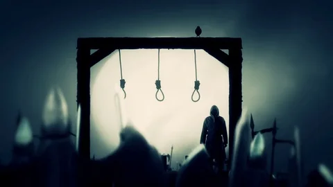 Medieval Army and an Executioner Next to the Gallows on a Full Moon Night Stock Footage 72852952