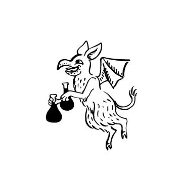 Medieval art devil with bottles of wine seducing alcoholics Stock Illustration