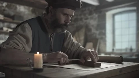 Medieval artist checking angles on a blueprint using a wooden square Stock Footage 337649665