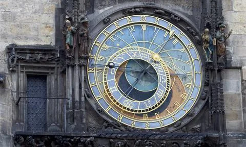 Medieval astronomical clock on the old town square in Prague Stock Photos