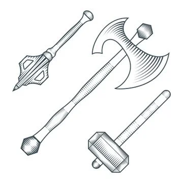 Medieval axe warhammer mace engraving style illustration Stock Illustration
