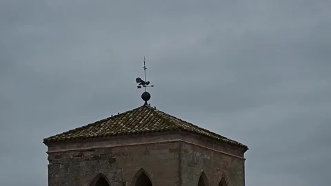 Medieval bell tower tilting down to reveal a smiling woman in a village alley Vidéo 320407540
