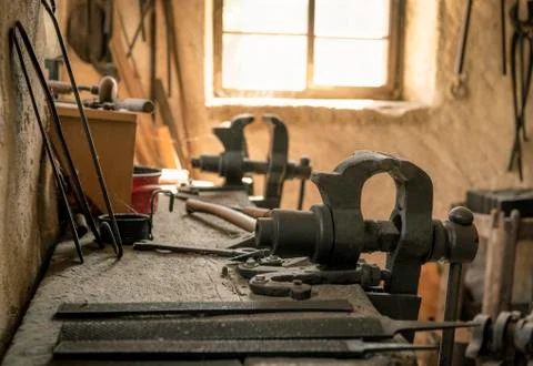 Medieval blacksmith worktable Stock Photos