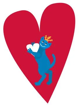 A medieval blue cat with sharp teeth holds a white heart in its paws against Stock Illustration