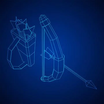 Medieval Bow and arrow archer weapon. Wireframe low poly mesh Ilustración de archivo