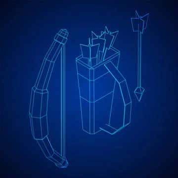 Medieval Bow and arrow archer weapon. Wireframe low poly mesh Ilustración de archivo