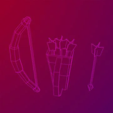 Medieval Bow and arrow archer weapon. Wireframe low poly mesh Ilustración de archivo