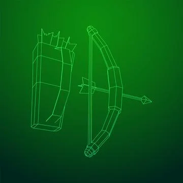 Medieval Bow and arrow archer weapon. Wireframe low poly mesh Ilustración de archivo