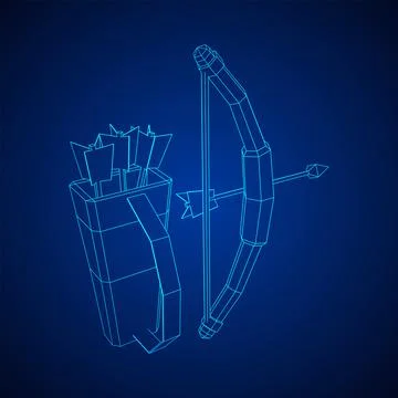 Medieval Bow and arrow archer weapon. Wireframe low poly mesh Ilustración de archivo