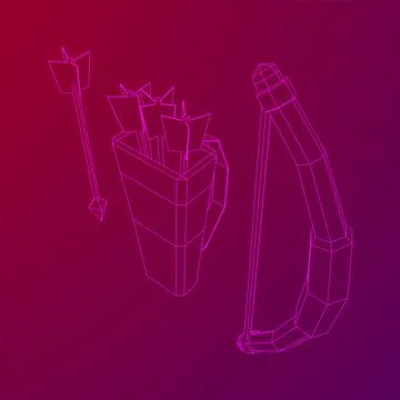 Medieval Bow and arrow archer weapon. Wireframe low poly mesh Illustrazione stock