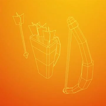 Medieval Bow and arrow archer weapon. Wireframe low poly mesh Ilustración de archivo