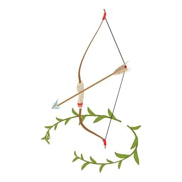 Medieval bow icon isometric vector. Wooden bow with arrow and green branch icon 스톡 일러스트