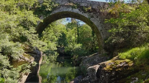 Medieval Bridge Over The Deza River. Aerial Dolly Shot Stock Footage 339587943