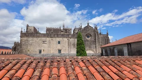 Medieval buildings of the Gothic cathedral of Tui in the monumental city, Stock Footage 286243903
