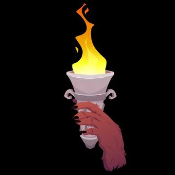 Medieval burning torch flame in paw of an animal, vector cartoon brown bear paw Stock Illustration