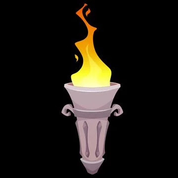 Medieval burning torch flame, vector cartoon ancient flambeau fire stone stick Stock Illustration