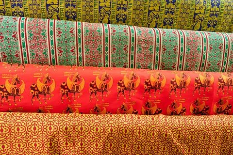 Medieval Byzantine retro fabrics with a pattern for vintage clothing. Reconst 스톡 사진