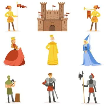 Medieval Cartoon Characters And European Middle Ages Historic Period Attributes Stock Illustration