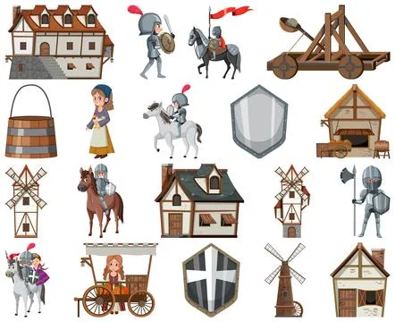 Medieval cartoon characters and objects 스톡 일러스트