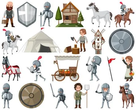 Medieval cartoon characters and objects 스톡 일러스트