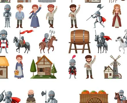 Medieval cartoon characters and objects Stock Illustration