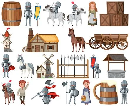 Medieval cartoon characters and objects Stock Illustration