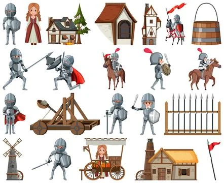 Medieval cartoon characters and objects Illustrazione stock