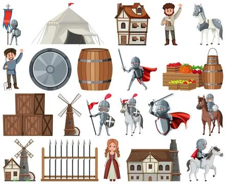 Medieval cartoon characters and objects Illustrazione stock