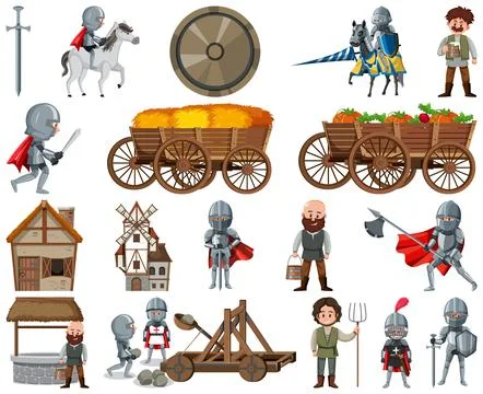 Medieval cartoon characters and objects Stock Illustration