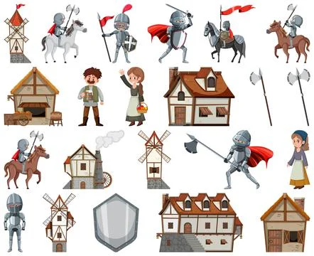 Medieval cartoon characters and objects Stock Illustration