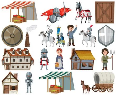 Medieval cartoon characters and objects 스톡 일러스트