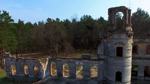 Medieval castle aerial view near the forest Ukraine Stock Footage 106641653