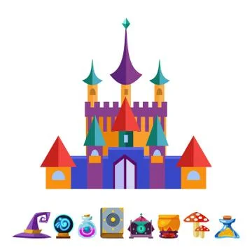 Medieval Castle and Elements for Games. Vector Illustrations Stock Illustration