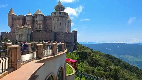Medieval Castle at Ba Na Hills with Funicular Train and Mountain Views Da Nang Stock Footage 332777415