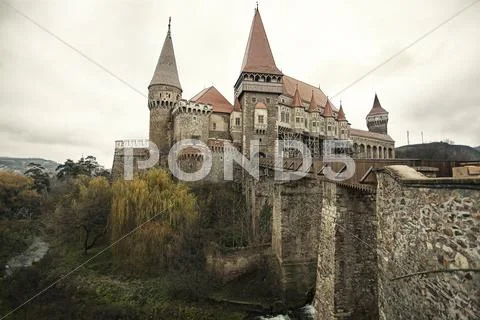 Medieval castle, with bridge & moat Stock Photos